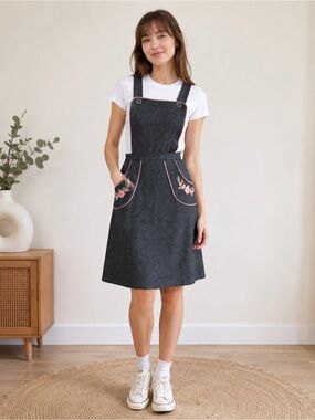 Vintage 70s Jim N Me Embroidered Pinafore Jumper Dress Cottagecore XS
